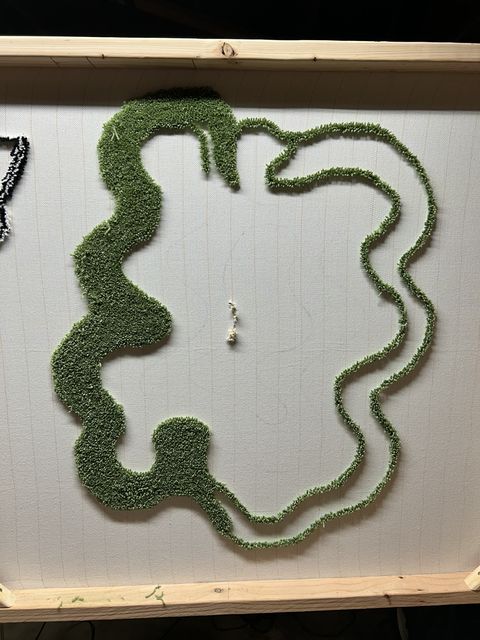 First tufted outline in green on the cloth