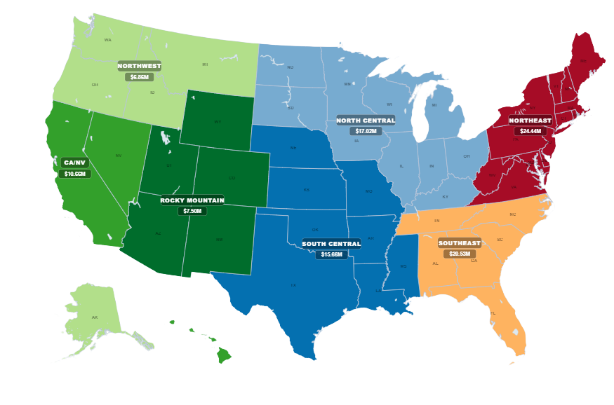 US map shaded by sales region